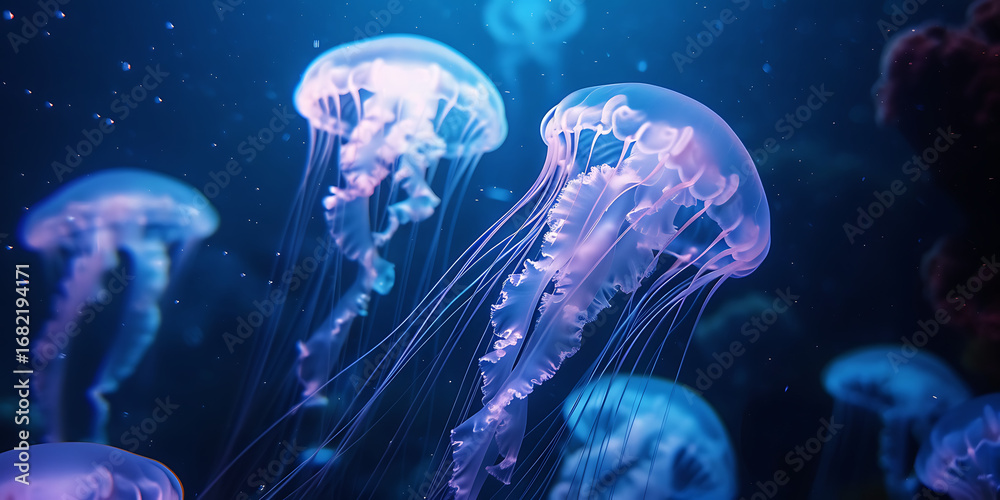 Obraz premium Translucent Jellyfish with Glowing Purple and Blue Hues in Dark Ocean Waters