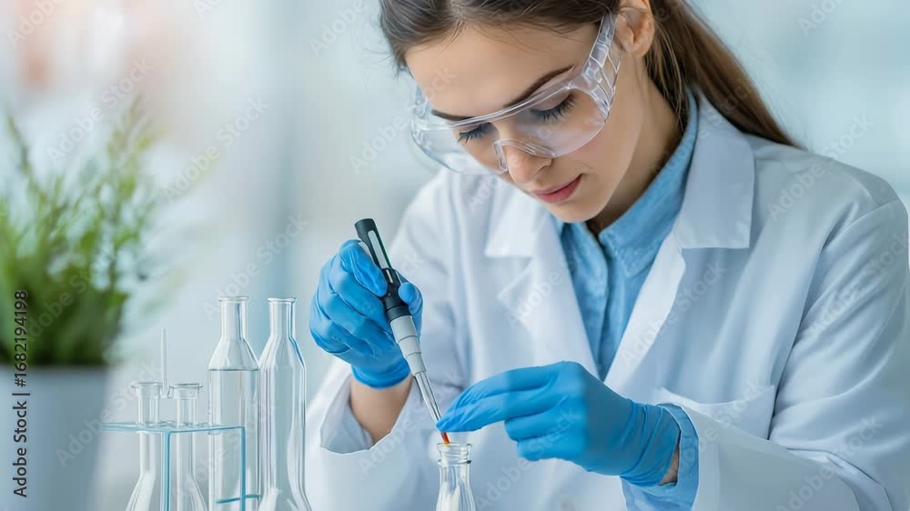 Scientist in laboratory conducting research experiment with pipette, glassware, safety gloves, lab coat, focused woman using scientific methods