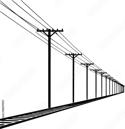 Black and white railway tracks with electric poles vector design. High-contrast railway tracks and power lines silhouettes vector. Silhouette train tracks and utility poles vector