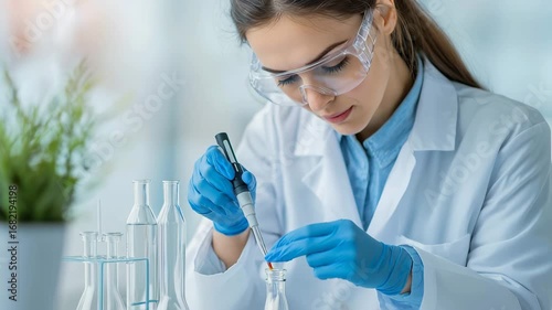 Scientist in laboratory conducting research experiment with pipette, glassware, safety gloves, lab coat, focused woman using scientific methods