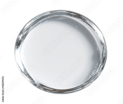 Top-down view of a clear, light-gray nail polish in a round glass jar