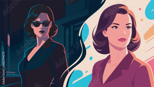 Illustration of Woman with Dual Phases Secret Agent and Gentle with Abstract Background Design Template