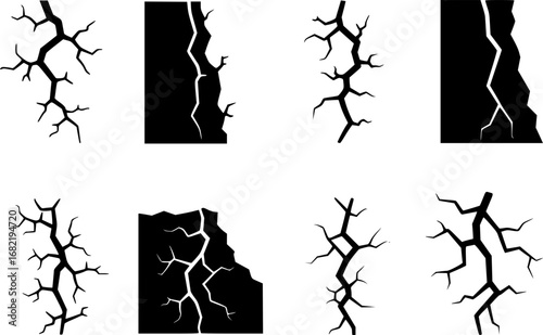Ground cracks, vertical breaks on land surface isolated on white background. Vector illustration
