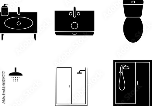 Bathroom furniture. Top view. Architectural collection. Baths, shells, toilets, bidets, urinals, showers. View from above.
