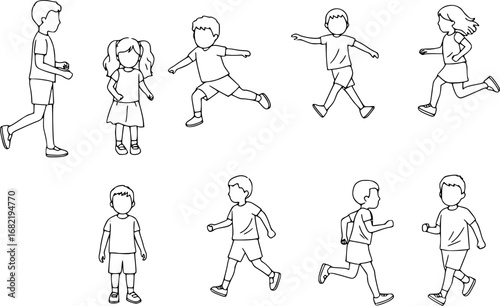 CAD Drawings. Set kids outlines isolated on white background. Sitting, walking, etc. Vector illustration.
