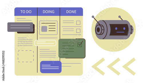 Task board with columns for to-do, doing, and done, accompanied by a robotic face. Ideal for project management, productivity, task tracking, workflow planning, automation team organization simple