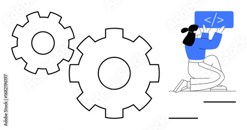 Woman kneeling, holding a coding screen, gears representing system processes and development. Ideal for software development, coding, automation, teamwork, IT solutions, programming simple landing