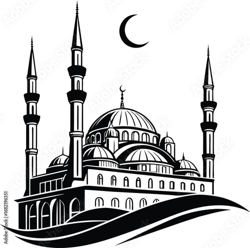 Islamic mosque architecture with tall minarets flat icon silhouette