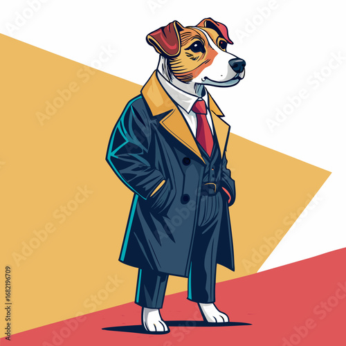 Sophisticated dog in a sharp suit and trench coat exudes confidence and success, ready for business deals or urban adventures.