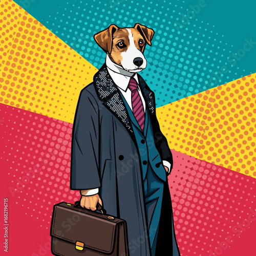 Sophisticated Jack Russell Terrier in sharp suit and trench coat confidently carries briefcase, embodying business acumen and urban style with vibrant pop art flair.