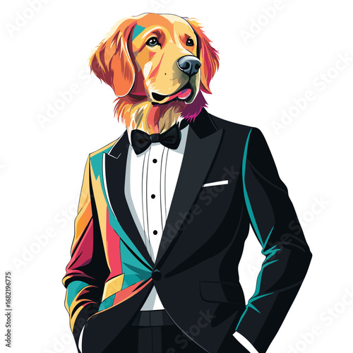 Chic golden retriever dog sporting a stylish tuxedo, exuding confidence and modern elegance for premium branding and sophisticated campaigns.