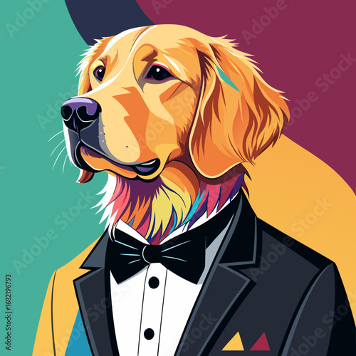 Dapper Golden Retriever dog portrait in sharp tuxedo and bow tie, exuding sophistication and modern style with vibrant pop art colors.