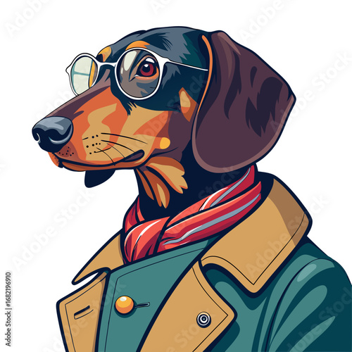 Charming Dachshund sports stylish glasses, scarf, and trench coat, embodying sophisticated canine character for modern design concepts.
