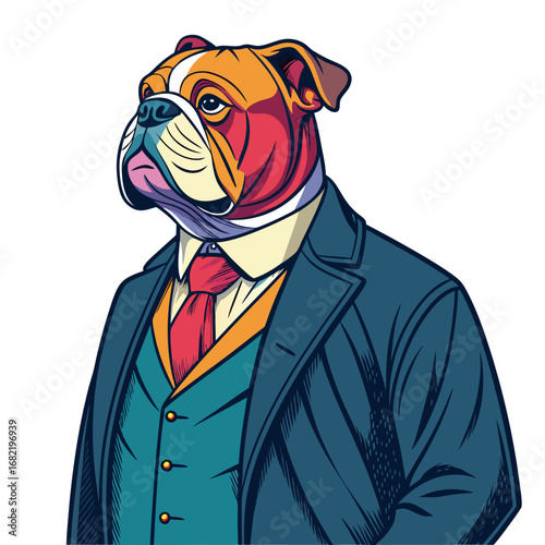 Dapper bulldog in a sharp suit exudes confidence and sophistication, embodying professional style and business acumen for modern brands.