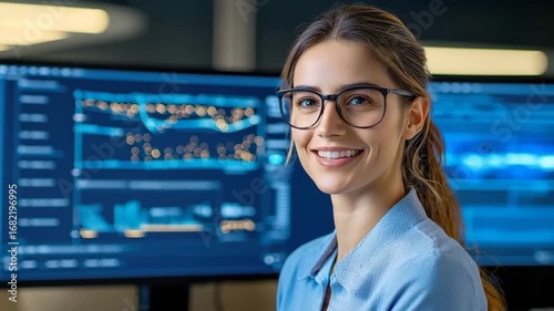 Smiling young adult female with glasses in blue shirt, happy and confident, working at computer with data charts and code in modern office workspace