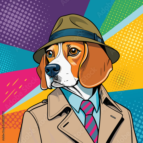 Charming Beagle detective in trench coat and fedora hat, exuding vintage mystery and sophisticated style against a vibrant pop art backdrop.