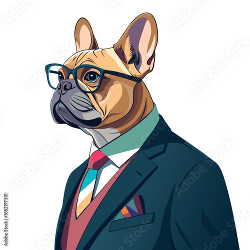 Sophisticated French Bulldog dons a sharp suit and glasses, exuding intelligence and professional style for business and lifestyle concepts.