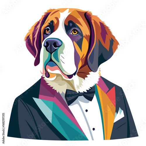 Sophisticated St. Bernard dog dressed in a colorful tuxedo, exuding charm and modern elegance for stylish animal-themed projects