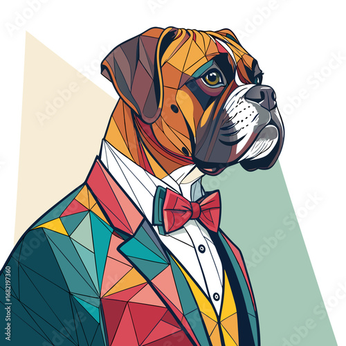 Dapper Boxer Dog Portrait Stylishly Dressed in Geometric Suit and Red Bow Tie Exuding Sophistication and Charm