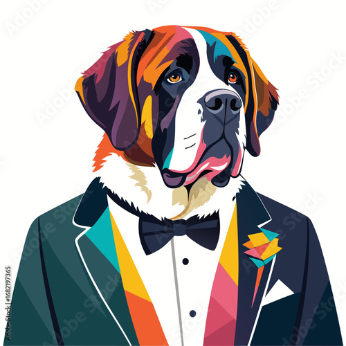 Sophisticated St. Bernard dog wearing a stylish tuxedo with a colorful lapel pin, exuding elegance and charm for any occasion