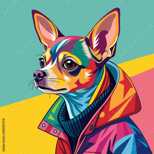 Vibrant pop art Chihuahua portrait with colorful jacket and bandana, exuding modern urban style and playful personality