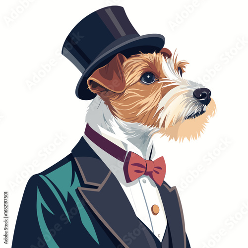 Dapper Jack Russell Terrier dog confidently sporting a top hat, tuxedo, and bowtie for a sophisticated and stylish look