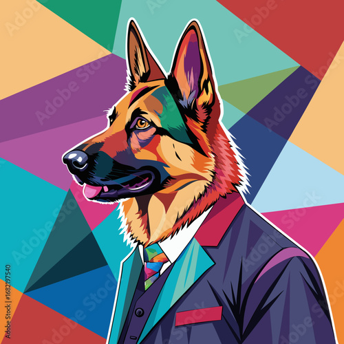 Sophisticated German Shepherd in a sharp suit and tie, exuding confidence and professional style against a vibrant geometric backdrop.