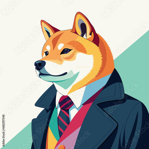 Charming Shiba Inu dog confidently dressed in a stylish suit and trench coat, exuding professional sophistication and modern appeal