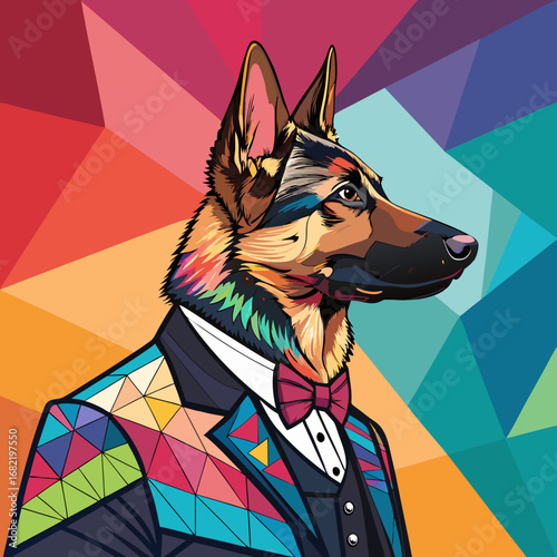 Sophisticated German Shepherd dons a vibrant geometric suit, exuding modern charm and stylish elegance for commercial projects.