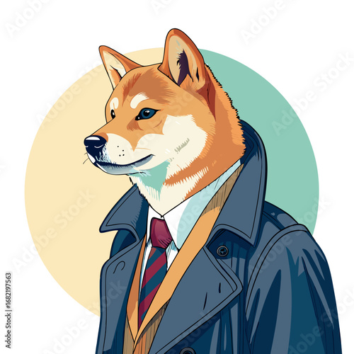 Charming Shiba Inu canine dressed impeccably in a classic trench coat and tie, exuding professional confidence and sophisticated style for business concepts