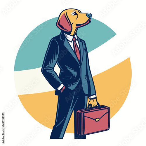 Confident anthropomorphic dog in a sharp suit and tie confidently holds a briefcase, embodying professional success and ambition in a modern business world.