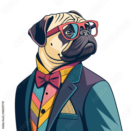 Dapper pug sporting stylish glasses and a vibrant suit exudes confidence and modern sophistication in a professional setting