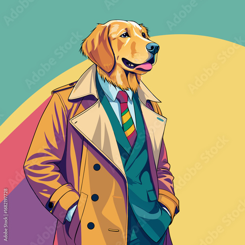 Confident anthropomorphic golden retriever in stylish trench coat and suit exudes professionalism and charm, perfect for business or lifestyle concepts.