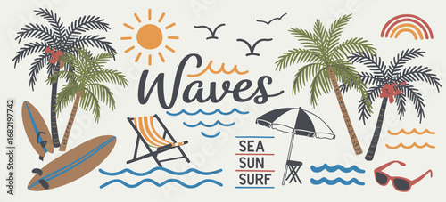 Colorful Summer Beach Scene With Palm Trees Sun Waves And Beach Gear surf