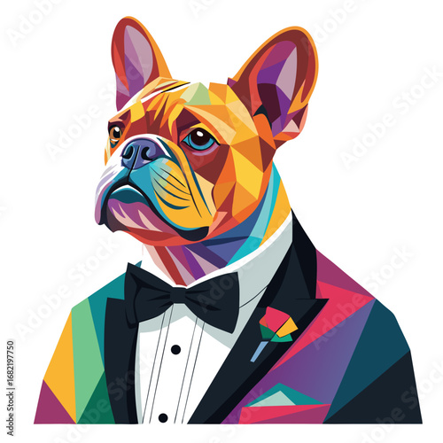 Dapper French Bulldog adorned in a vibrant, colorful tuxedo with a stylish bowtie, exuding sophistication and modern flair for any occasion.