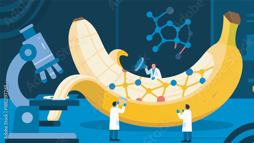 Illustration of Giant Banana Being Studied by Scientists Design Template with Laboratory Background