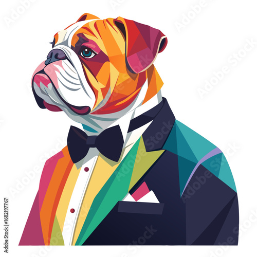 Stylish bulldog sports a vibrant geometric suit and bowtie, exuding modern sophistication and playful charm for unique branding and designs.