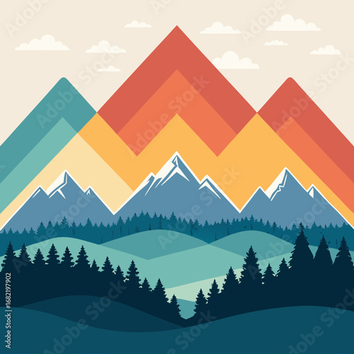 Vibrant retro mountain landscape with layered peaks and evergreen forest under a stylized sunset sky, perfect for adventure and nature themes.