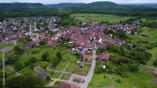Aerial view of the old town village Zaisersweiher in Germany on a late sunny day in summer