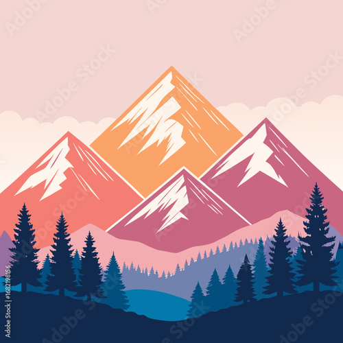 Majestic mountain peaks bathed in warm sunset hues with silhouetted pine trees creating a serene, adventurous landscape scene.