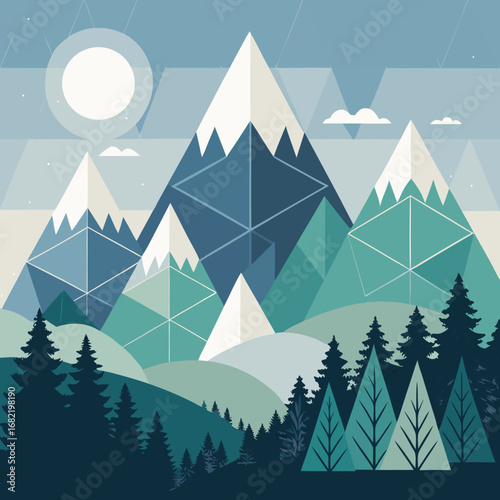 Stunning geometric mountain range with evergreen forest and a bright moonlit sky, perfect for serene nature themes and modern design projects