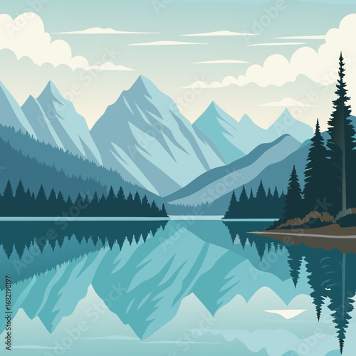Serene mountain lake landscape with tranquil reflections and pine forest on a clear, cool day creating a peaceful natural vista