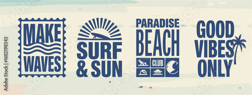 Four Blue Retro Style Surf Beach Club Graphic Designs on Faded Beach Background waves paradise