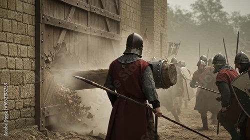 Medieval Siege Soldiers Attacking Castle Gate