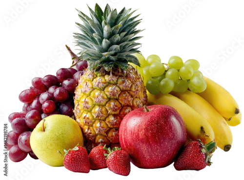 A colorful assortment of fresh fruits.  A pineapple, grapes, bananas, apples, and strawberries are grouped together, highlighting a variety of vibrant colors and textures