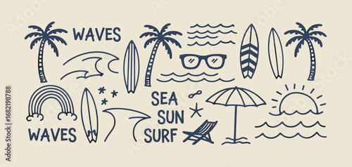 Hand Drawn Summer Beach And Surf Elements Doodle Collection surfing