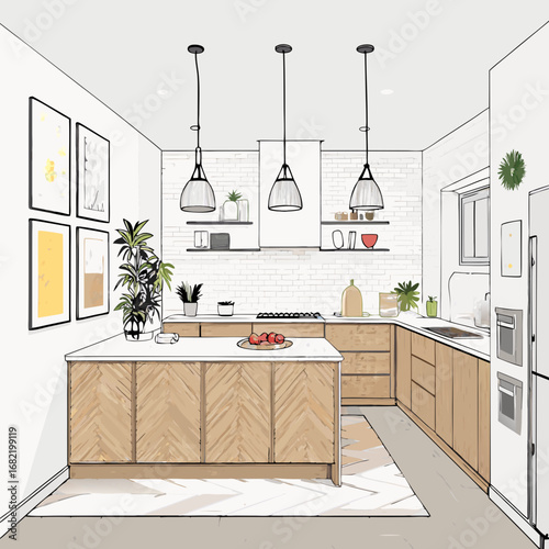 Stunning modern kitchen design sketch with natural wood cabinetry, island, and ambient pendant lighting, perfect for home decor inspiration.