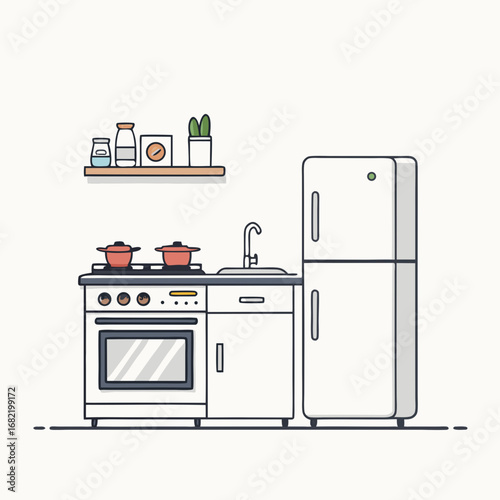 Charming modern kitchen scene featuring a stove, sink, and refrigerator, perfect for home design or lifestyle content