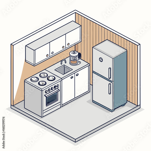 Charming isometric kitchen scene featuring a stove, sink, refrigerator, and cabinets, perfect for interior design concepts and lifestyle visuals.