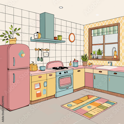 Charming retro kitchen with pastel cabinets and vintage appliances, perfect for cozy home decor inspiration
